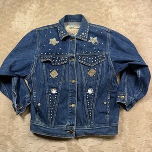 VTG 80s Don't Stop Denim Button Up Jean Jacket Women's Medium Bedazzled See Pics